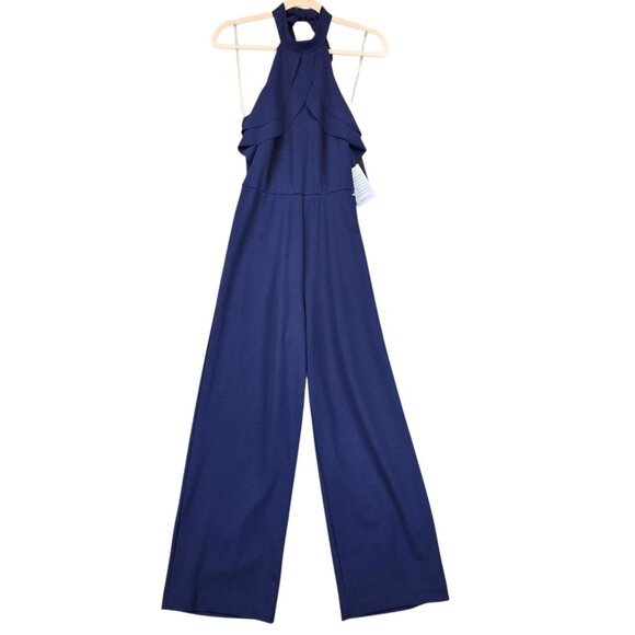 bebe NWT Jumpsuit Womens 2 Navy Halter Ruffle Wide Leg Tie Waist Made in USA - Picture 1 of 15